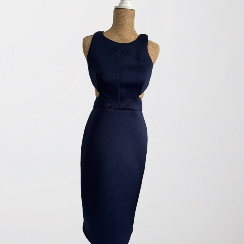 HUNTER BELL Blue Sheath Midi Dress with Halter Neckline for Cocktail
